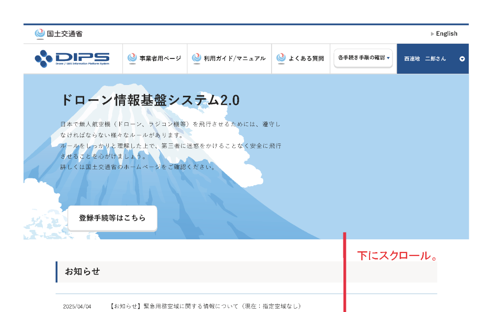 機体登録のDIPS画面1